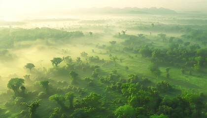 Obraz premium Fog in nature, beautiful natural scene view of fog in the forest with landscape by AI generative.