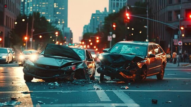 Two damaged cars block an intersection in a city during twilight after a collision