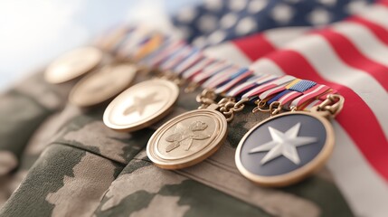 Close-up of military medals displayed on a camouflage uniform with the American flag in the background, symbolizing honor and bravery.