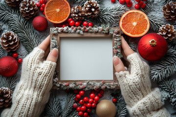 Hands in cozy knit gloves holding a festive photo frame surrounded by Christmas decorations, including pine cones, orange slices, red berries, and ornaments on a snowy background
