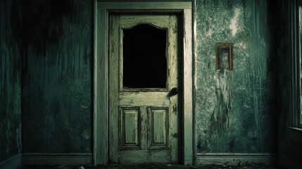 An unsettling abandoned house with a cracked door slightly ajar,