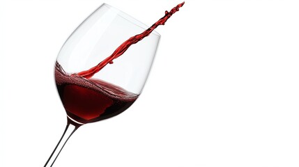 Elegant wine glass with splashing red wine against a white isolated background, capturing the dynamic movement and rich color of the beverage.