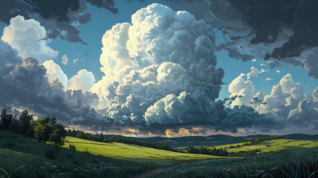 A dramatic, towering cumulonimbus cloud looms over a green, rolling landscape. Rolling Thunderclouds. Illustration