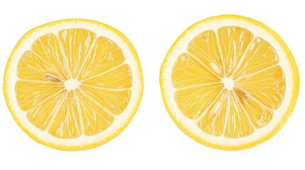Fresh lemon slices, vibrant yellow color, showcasing juicy texture and natural shine, isolated on a white background.