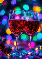 "Elegant Crystal Wine Glasses with Red Wine and Festive Bokeh Lights"