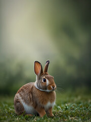 A rabbit on a textured grey surface with ample blank space.