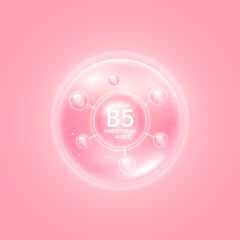 Vitamin B5 pantothenic acid molecule pink. Collagen vitamins complex from nature. For beauty skin care cosmetic advertising. Medical scientific concepts. 3D Vector EPS10.