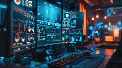 A close-up of a modern, sleek computer setup with multiple monitors displaying data, graphs, and code, illuminated by warm lighting.