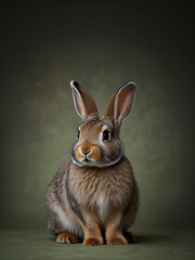 A rabbit on a textured grey surface with ample blank space.