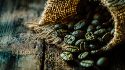 Fototapeta premium A burlap sack spilling coffee beans onto a wooden surface, highlighting natural textures.