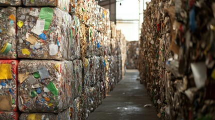 Fototapeta premium Eco-Friendly Recycling Process with Bins for Plastic, Glass, and Paper Materials