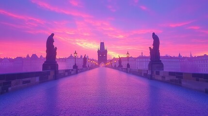 Obraz premium A picturesque sunrise over Charles Bridge in Prague, with the city skyline in the distance.