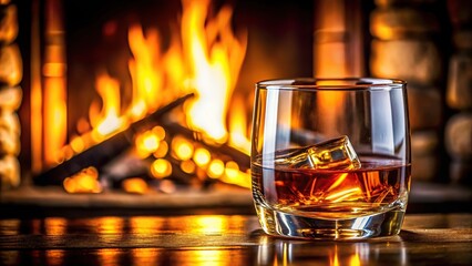 A close-up shot of a whiskey glass filled with amber liquid, sitting on a velvet-lined table in front of a fireplace, glassware, fireplace, dark colors