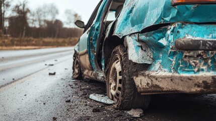 Obraz premium A blue car sits wrecked on the side of a road.