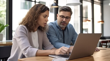 A man and woman are sitting at a table in front of a laptop, working together on a project.