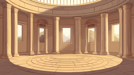 A large circular stone greek style column room with stone pillars. Ancient Relic Room. Illustration