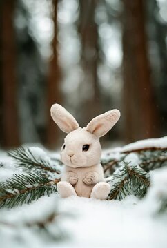 Cute toy rabbit sitting in snow in winter forest. Funny Christmas animal. Present for children for winter holidays. December advent. Fairy tale scene