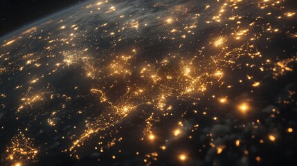 Naklejka premium A satellite view of Earth at night, with the lights of major cities illuminating the landscape. The image shows the vastness of human civilization and its impact on the planet.