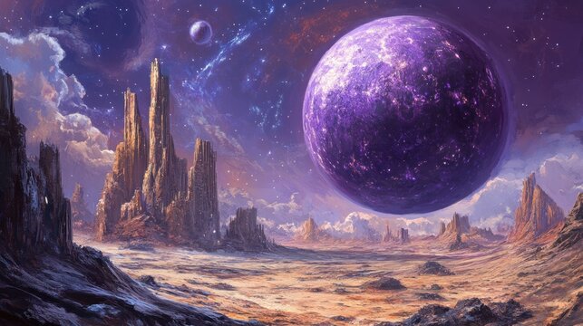 A desolate alien landscape with towering rock formations and a large purple planet in the sky.