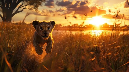 A young lion cub runs towards the camera with a sunset backdrop in the African savanna.