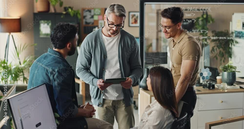 Poster Business, people or team with tablet in meeting for planning user interface system or code review for website development. Web developer, employee or digital app for discussion of webpage maintenance