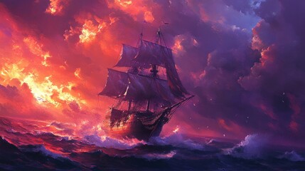 Obraz premium A sailing ship cuts through the waves with a dramatic red and purple sunset sky above.