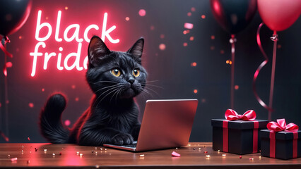 black cat sitting at table with laptop and neon sign Black Friday