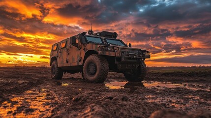 A military vehicle drives through a muddy field with a dramatic sunset in the background.