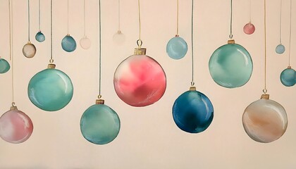 Simple watercolor Christmas ornaments hang gently on thin lines, set against a pale beige background.