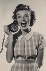 A black-and-white photograph of an excited woman from the 1950s on her old phone, wearing vintage attire with a plain background