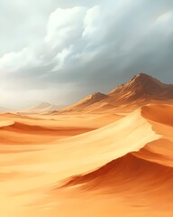 A vast desert landscape featuring rolling sand dunes and distant rocky mountains under a dramatic sky with soft clouds. The scene evokes a sense of isolation and beauty.