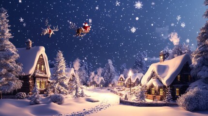 3D animated Christmas night with Santa and his reindeer flying across the sky