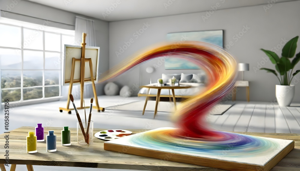 Poster A vibrant art studio features a canvas with colorful swirling paint, surrounded by art supplies and a tranquil view through large windows.