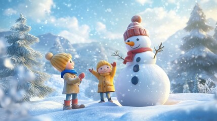 Obraz premium 3D cartoon winter scene with children happily building a snowman in a magical, snowy