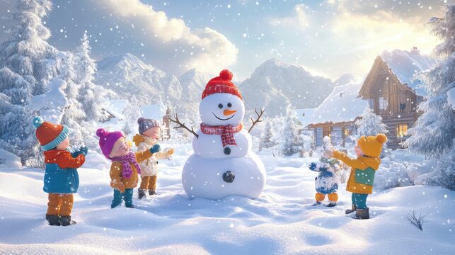 3D cartoon winter scene with children happily building a snowman in a magical, snowy