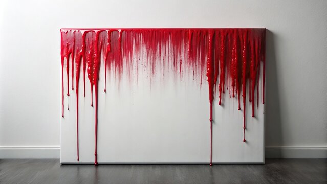 A crimson-red paint spills and drips onto a white canvas, crimson paint, spill, splatter, mess, creativity