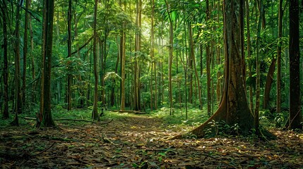 Obraz premium Show sunlight streaming through tall trees, creating a warm glow on the forest floor covered with leaves.
