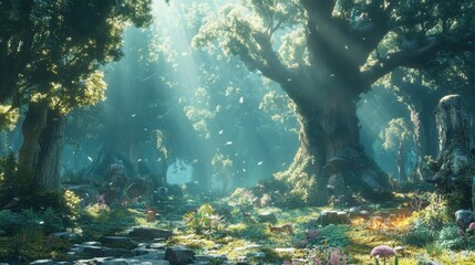 3D effect of a detailed fantasy forest with towering trees, magical creatures, and a mystical