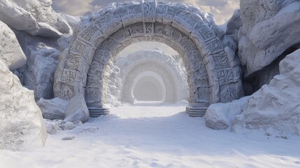 Fototapeta premium Enchanted Stone Archway to a Hidden Realm - Mystical 3D Render with Ancient Symbols and Snow, Dark Wind Whispers, Detailed Fantasy Landscape
