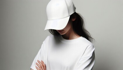A young woman wearing a plain white baseball cap and white T-shirt. Lady girl with long hair. Plain background