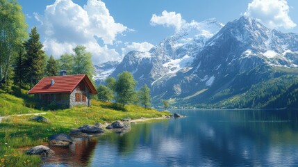 Obraz premium Serene mountain landscape with a cozy cabin by a tranquil lake.