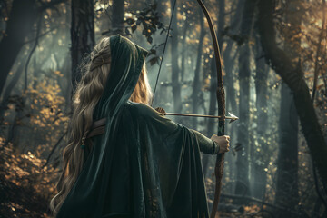 Naklejka premium A female elf in forest, Generative AI