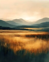 Fototapeta premium A serene landscape featuring rolling hills and golden fields under a soft, hazy sky, creating a peaceful and tranquil mood in warm tones.