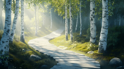 Obraz premium A sunlit wooden path meandering through a birch forest, with the soft light casting gentle shadows and highlighting the tranquil forest setting. Sunlit Forest. Illustration