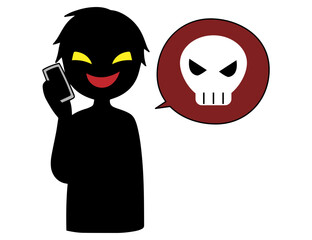スマホで話す悪人とドクロマークの危険な話をするイメージの素材