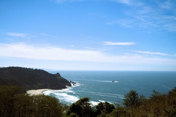 Fototapeta premium View of Pacific Coast beach, specifically between Cascade Head and God's Thumb, under a peaceful sunny day next to a calm ocean sparkling in the sunlight.