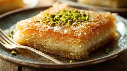 A portion of crispy knefe topped with a thick layer of pistachios, beautifully displayed with a fork ready to dig in. Sweet syrup glistens on top.