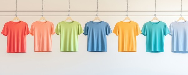 Colorful t-shirts hanging on a wooden rod against a minimalistic white background.