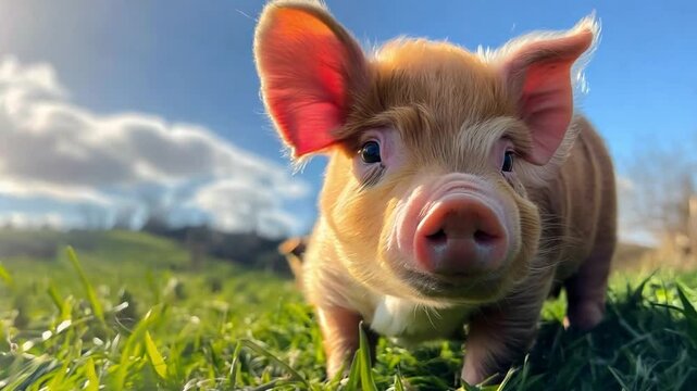Piglet exploring green grass under a clear blue sky on a sunny afternoon