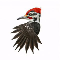 Fototapeta premium A striking Pileated Woodpecker with vibrant red crest and black and white plumage, isolated on a white background
